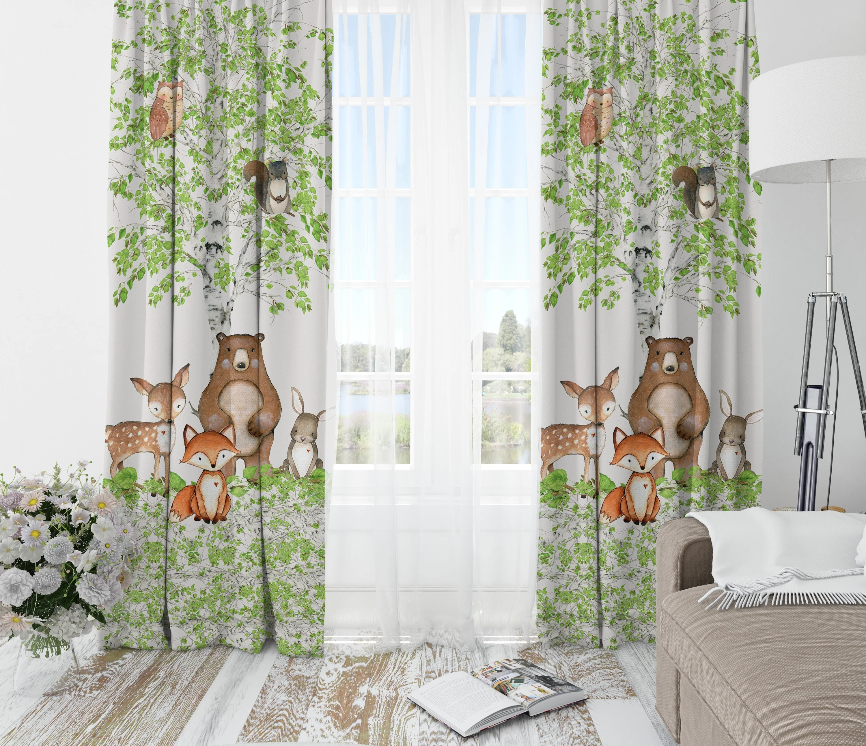 Birch Tree with Animals Blackout Curtains - Image 2