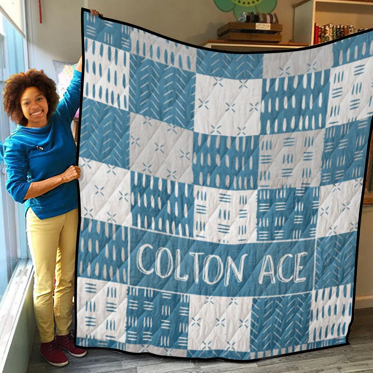 Blue Mudcloth Patchwork Personalized Quilted Bedspread Set - Image 3