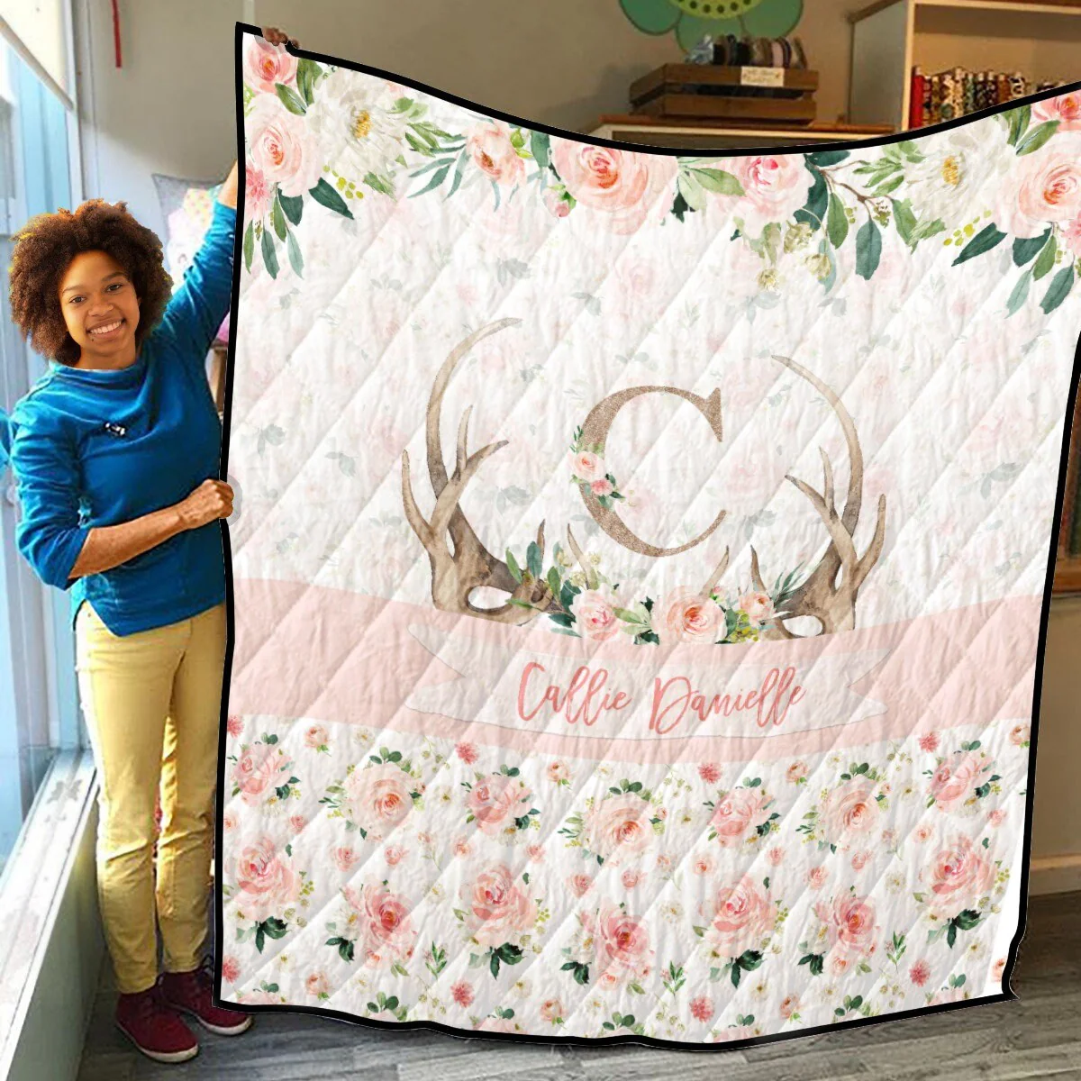 Blush Florals with Antlers Personalized Quilted Bedspread Set - Image 4