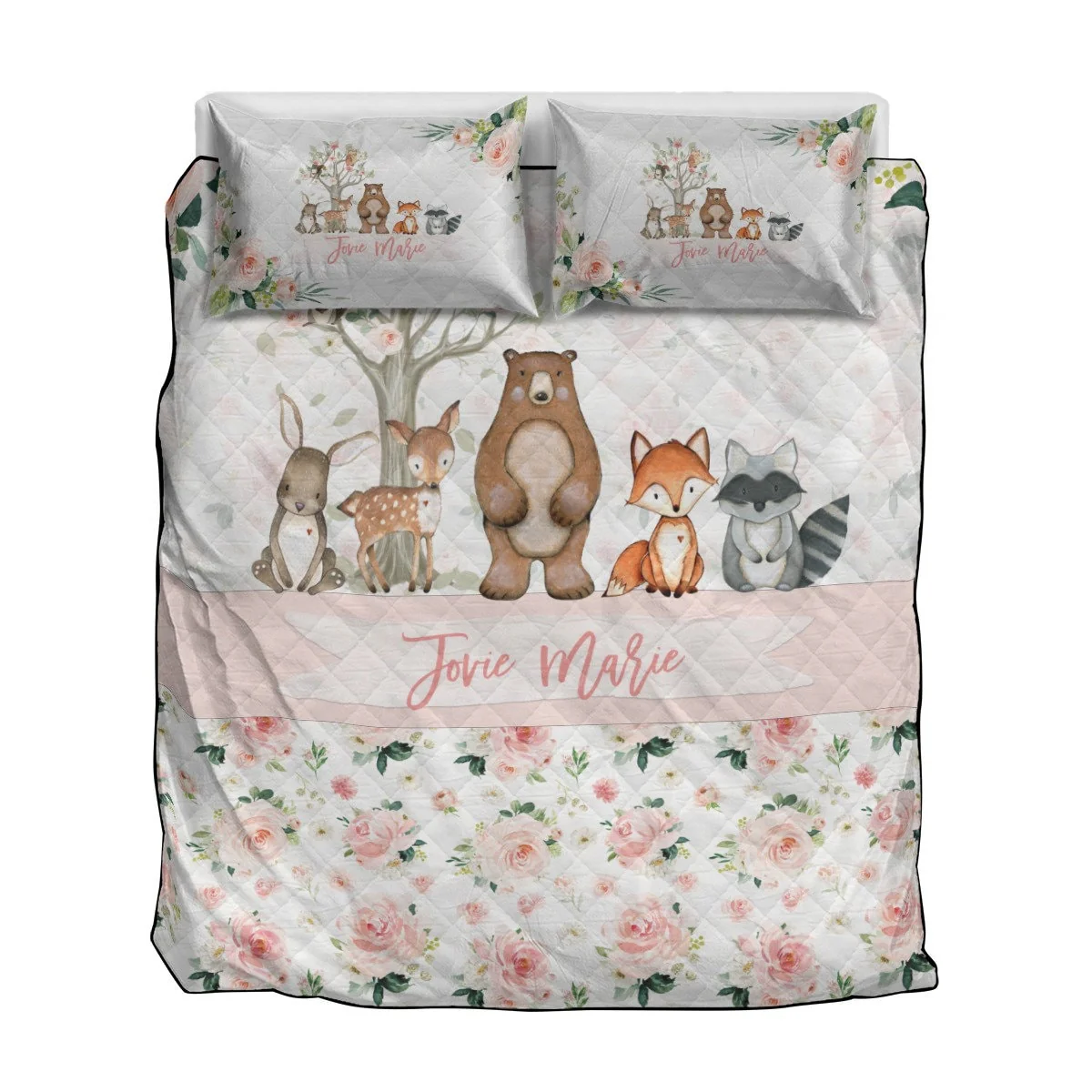Blush Florals with Bear and Friends Personalized Quilted Bedspread Set - Image 3
