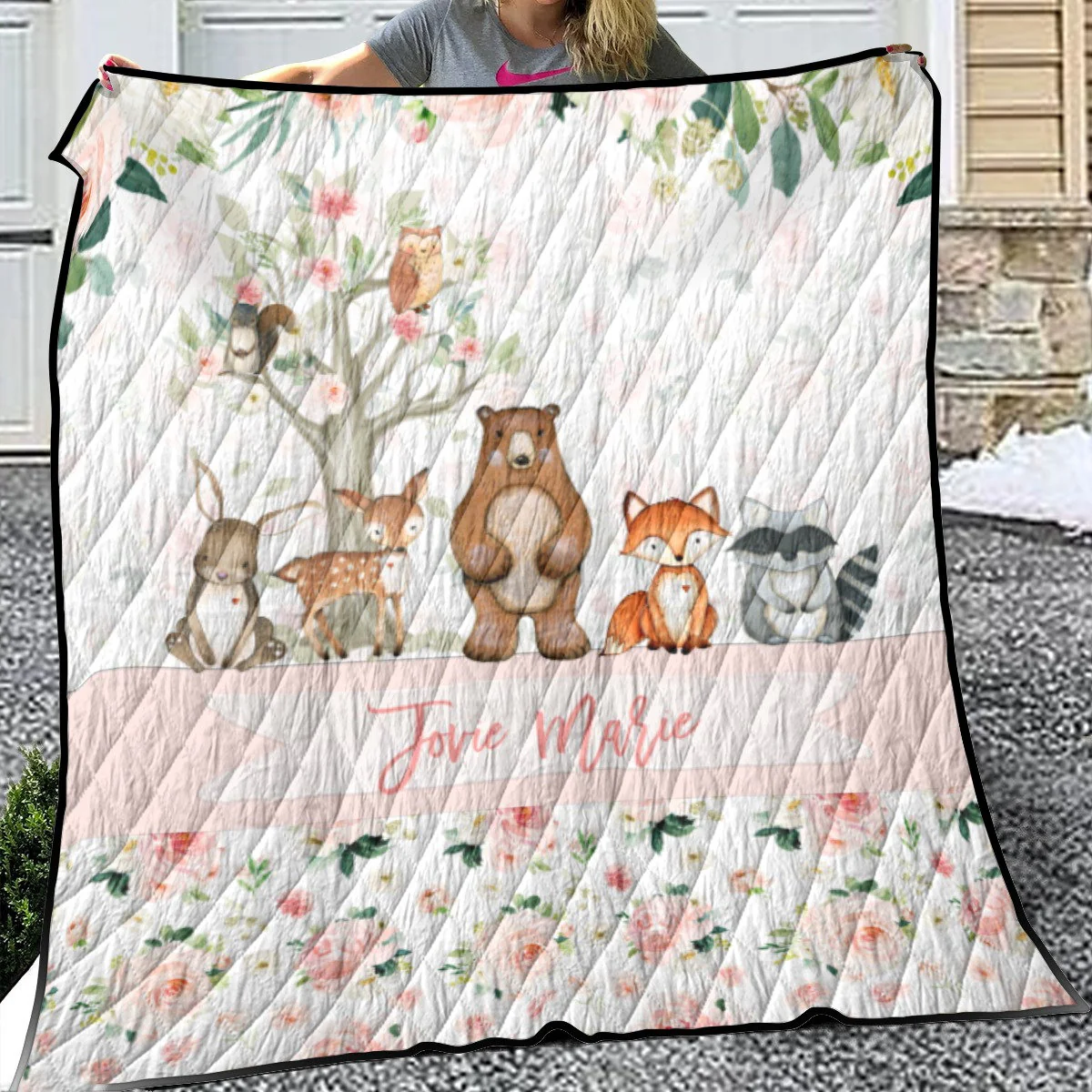 Blush Florals with Bear and Friends Personalized Quilted Bedspread Set - Image 4