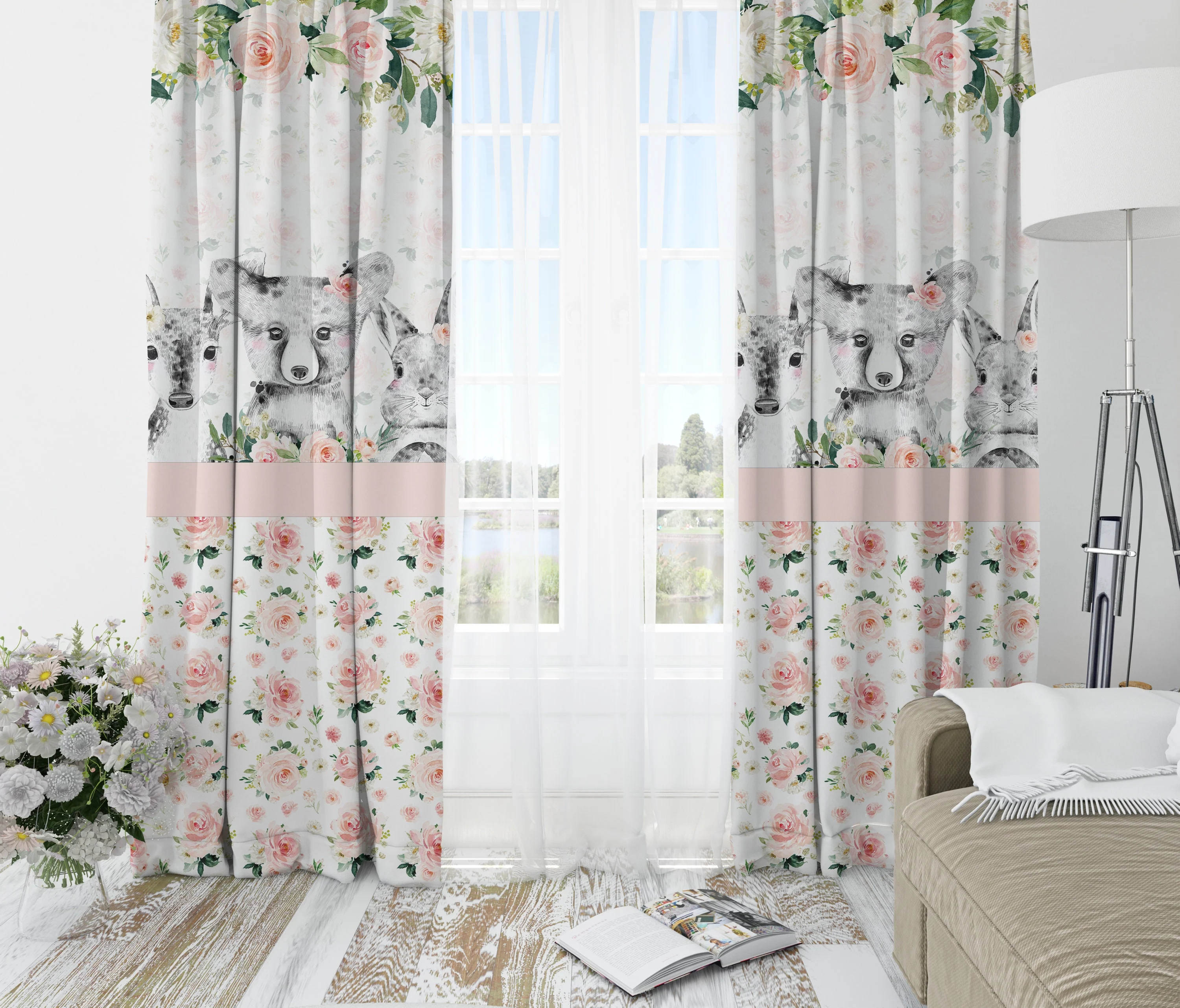 Blush Florals with Black and White Animals Blackout Curtains - Image 2