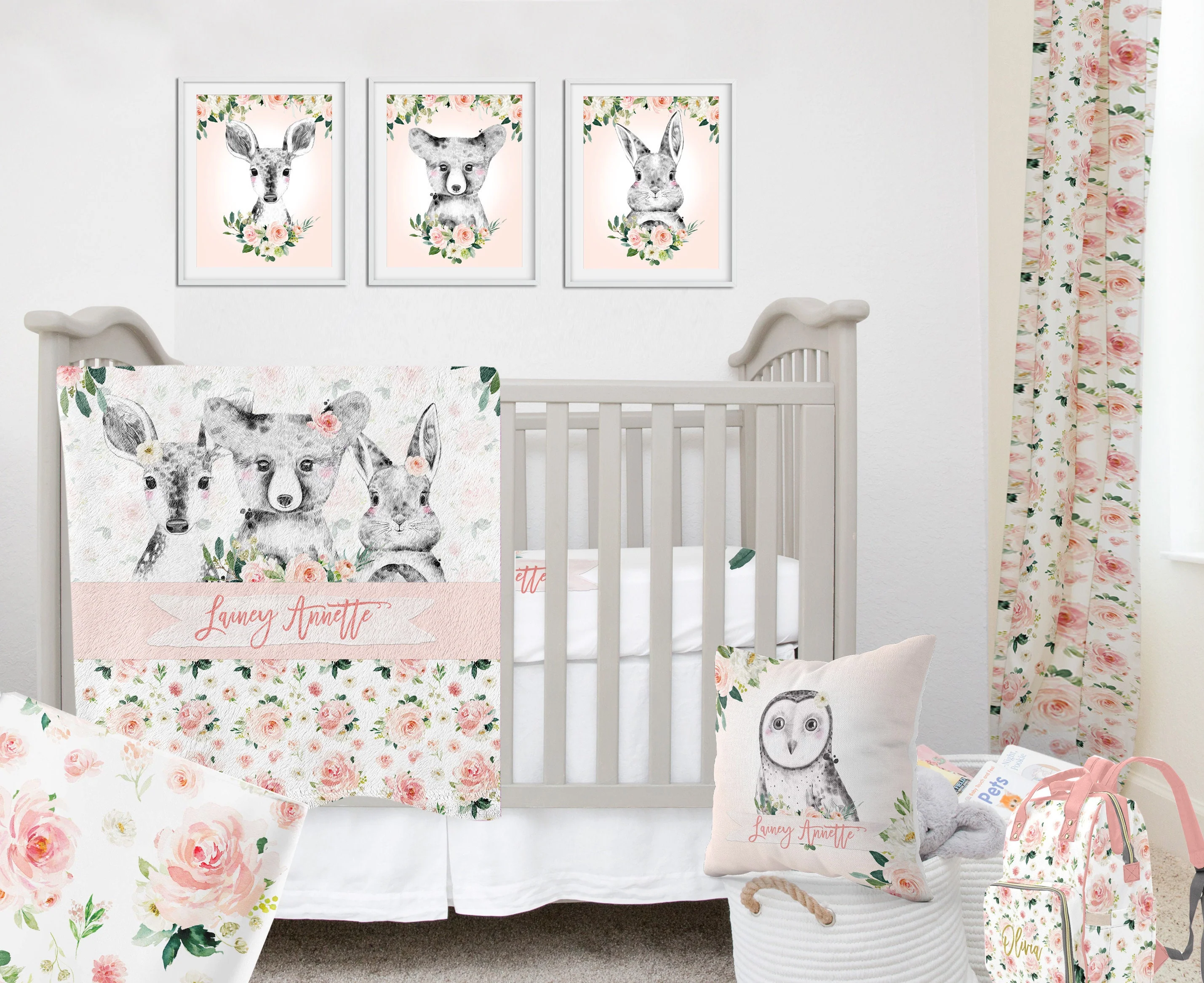 Blush Florals with Black and White Woodland Personalized Blanket for Girl - Image 2