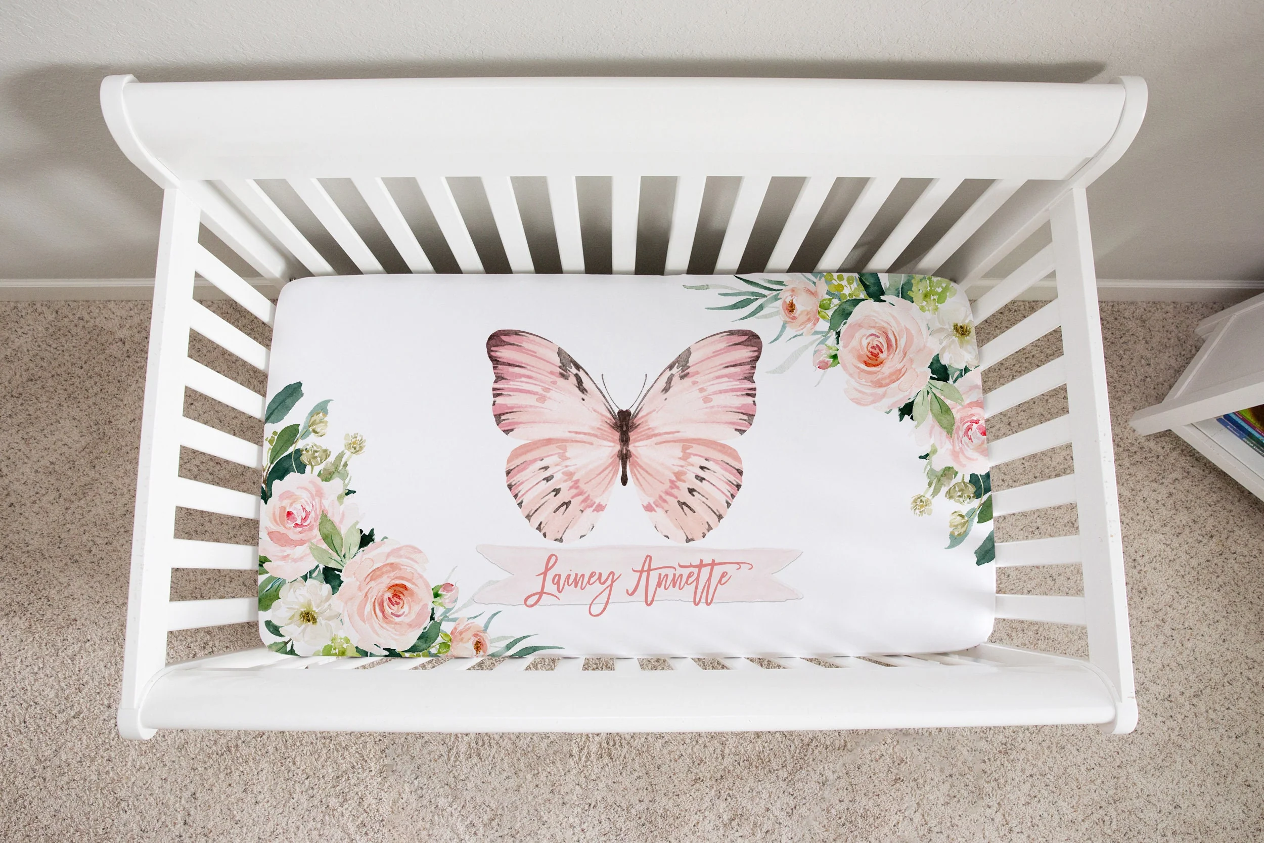 Blush Florals with Butterfly Personalized Crib Sheet for Girl