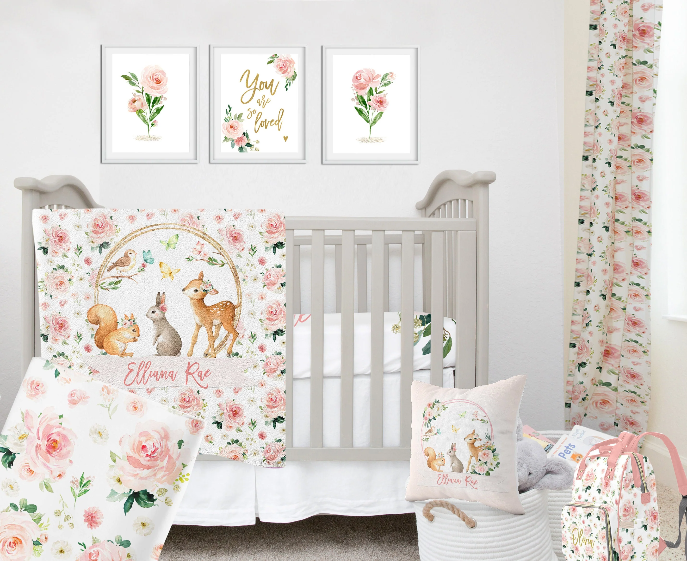 Blush Florals with Deer and Bunny Personalized Blanket for Girl - Image 2