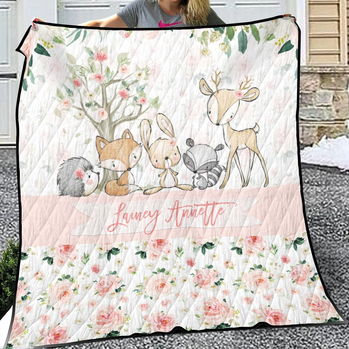 Blush Florals with Deer and Friends Personalized Quilted Bedspread Set - Image 3