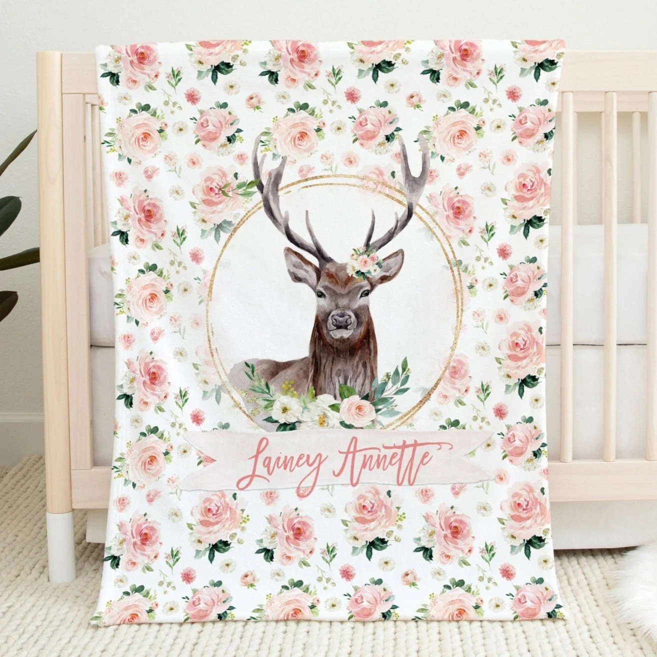 Blush Florals with Deer Personalized Blanket for Girl