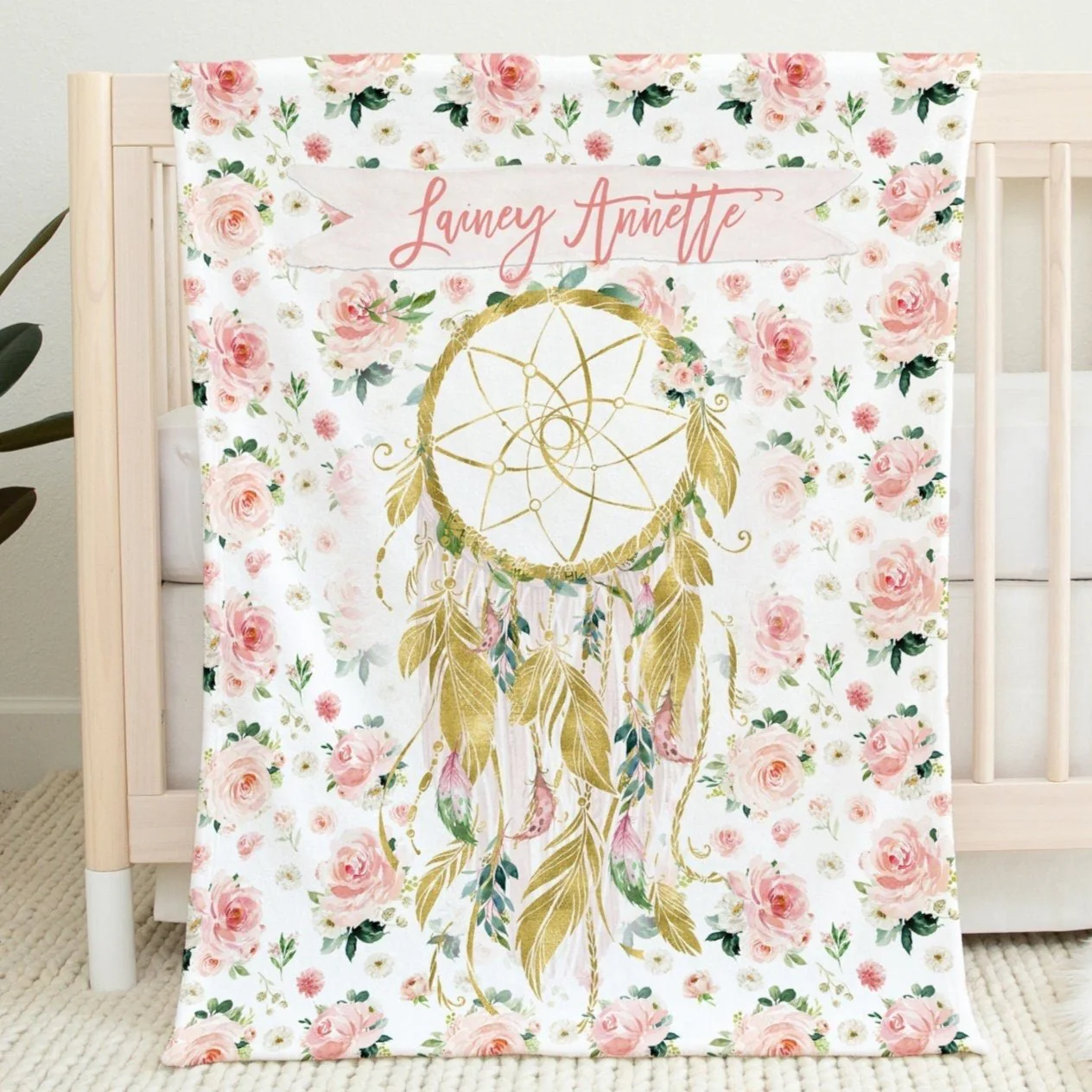 Blush Florals with Dreamcatcher Personalized Blanket for Girl