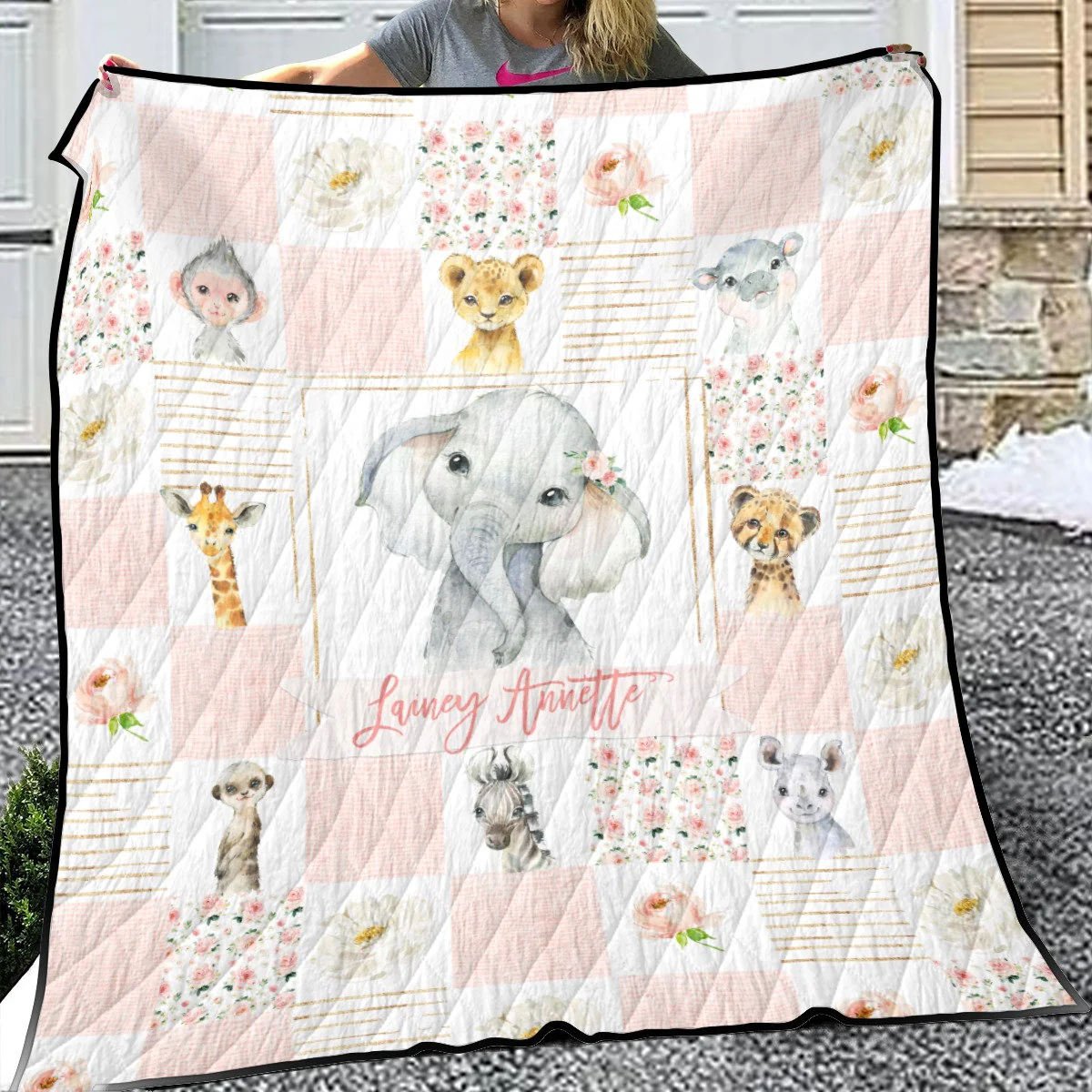 Blush Florals with Elephant Patchwork Personalized Quilted Bedspread Set - Image 2