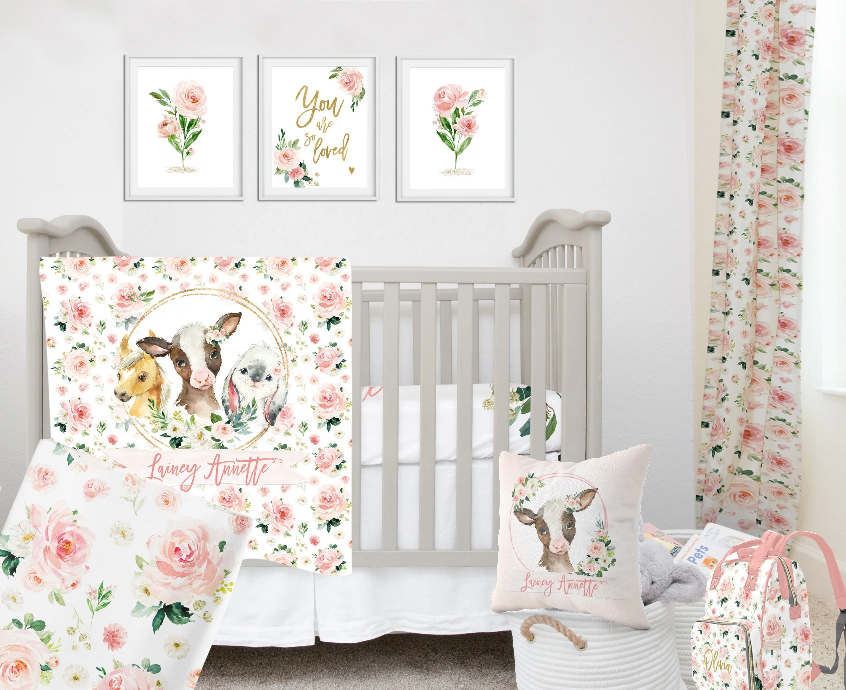Blush Florals with Farm Animals in Circle Personalized Blanket for Girl - Image 2