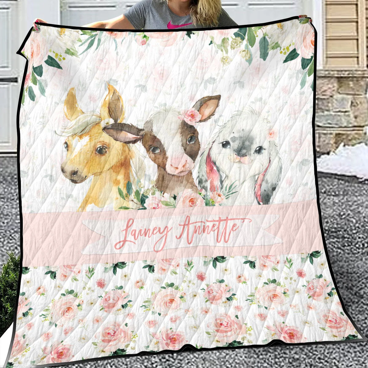 Blush Florals with Farm Animals Personalized Quilted Bedspread Set - Image 3