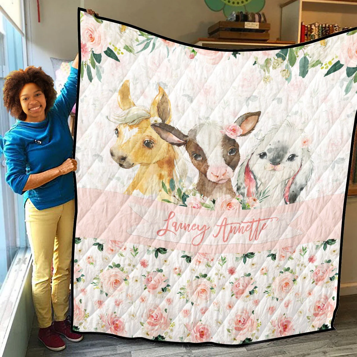 Blush Florals with Farm Animals Personalized Quilted Bedspread Set - Image 4