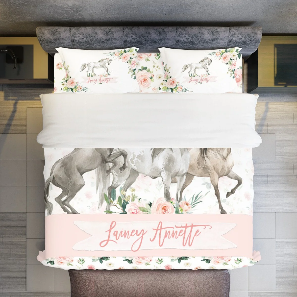 Blush Florals with Horses Personalized Duvet Cover Set for Girl - Image 2
