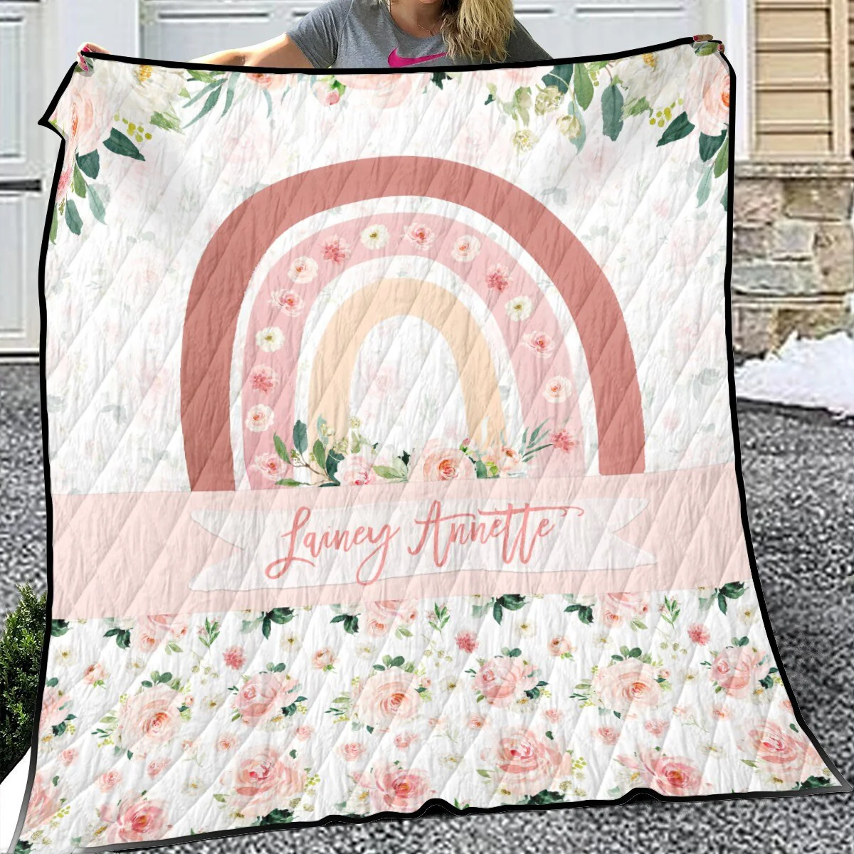Blush Florals with Rainbow Personalized Quilted Bedspread Set - Image 2