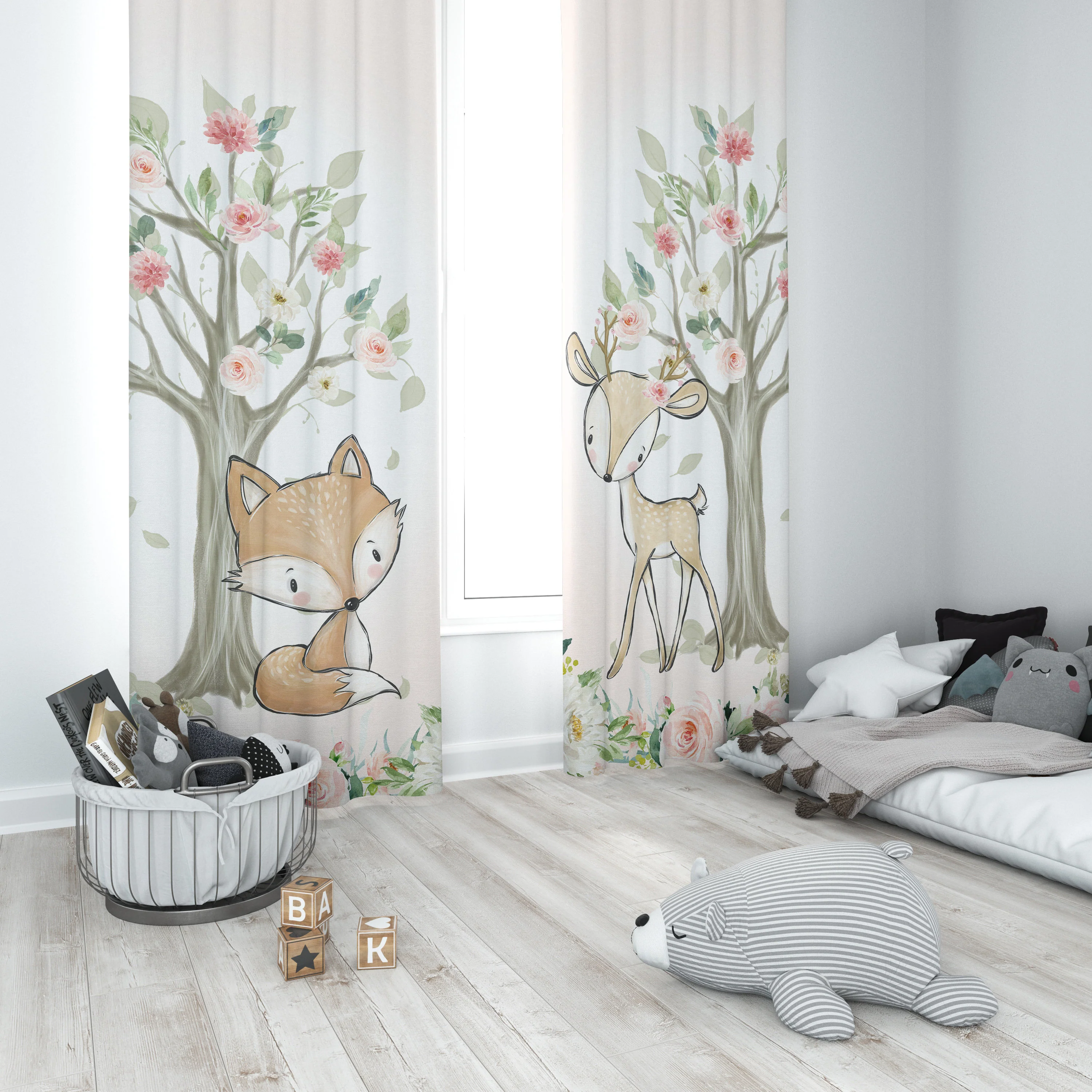 Blush Florals with Woodland Animals Blackout Curtains - Image 4