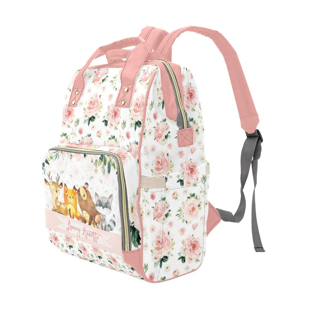 Blush Florals with Woodland Animals Personalized Diaper Bag - Image 4