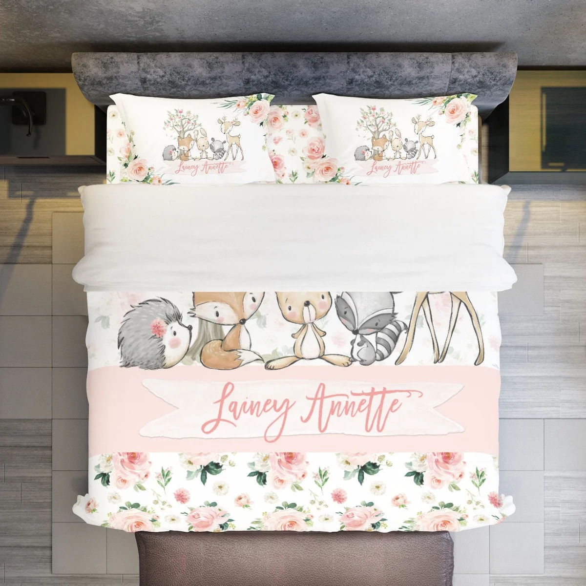Blush Florals with Woodland Animals Personalized Duvet Cover Set for Girl - Image 2