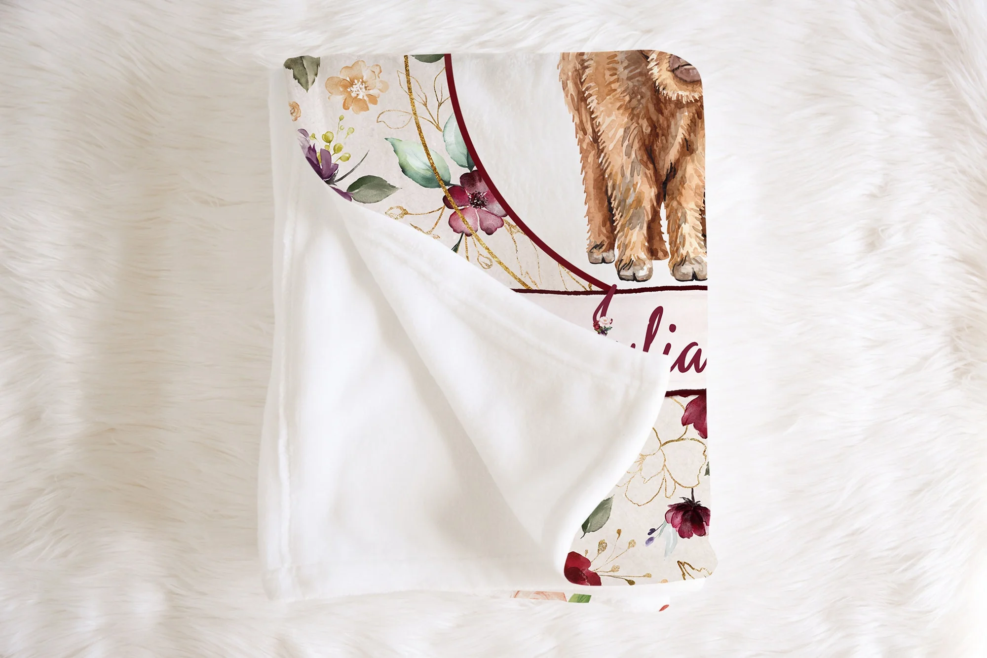 Burgundy Flowers with Highland Cow Personalized Blanket for Girl - Image 3