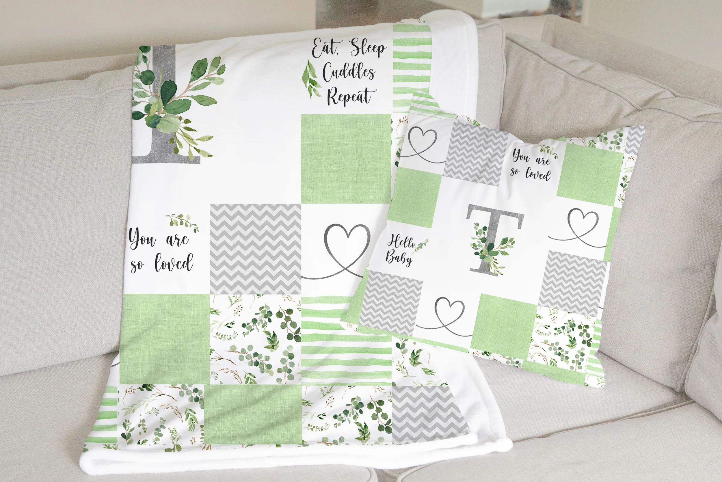 Greenery Monogrammed Quilt Inspired Pillow - Image 3
