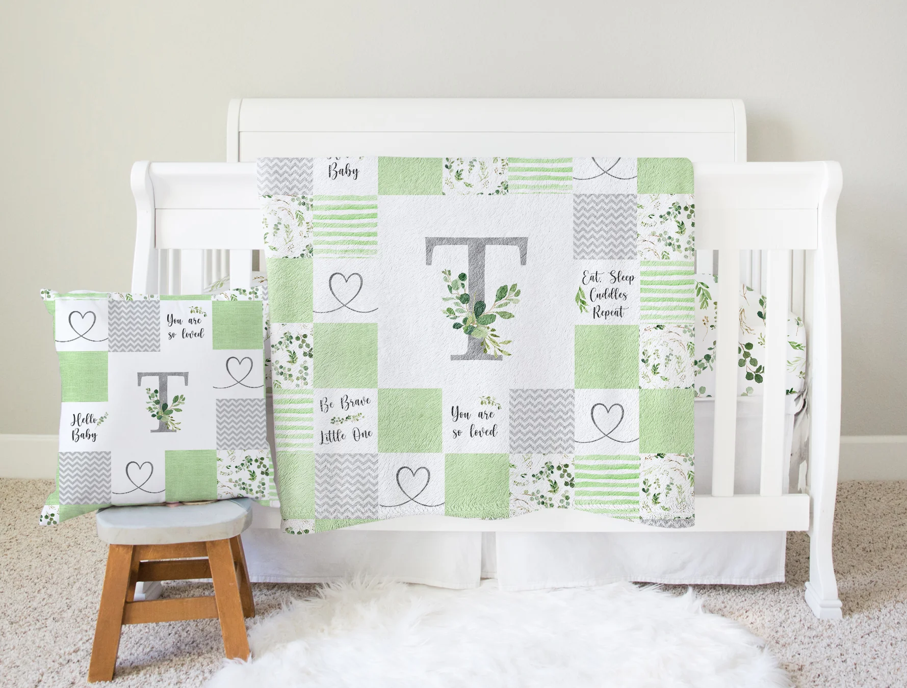 Greenery Monogrammed Quilt Inspired Pillow - Image 4