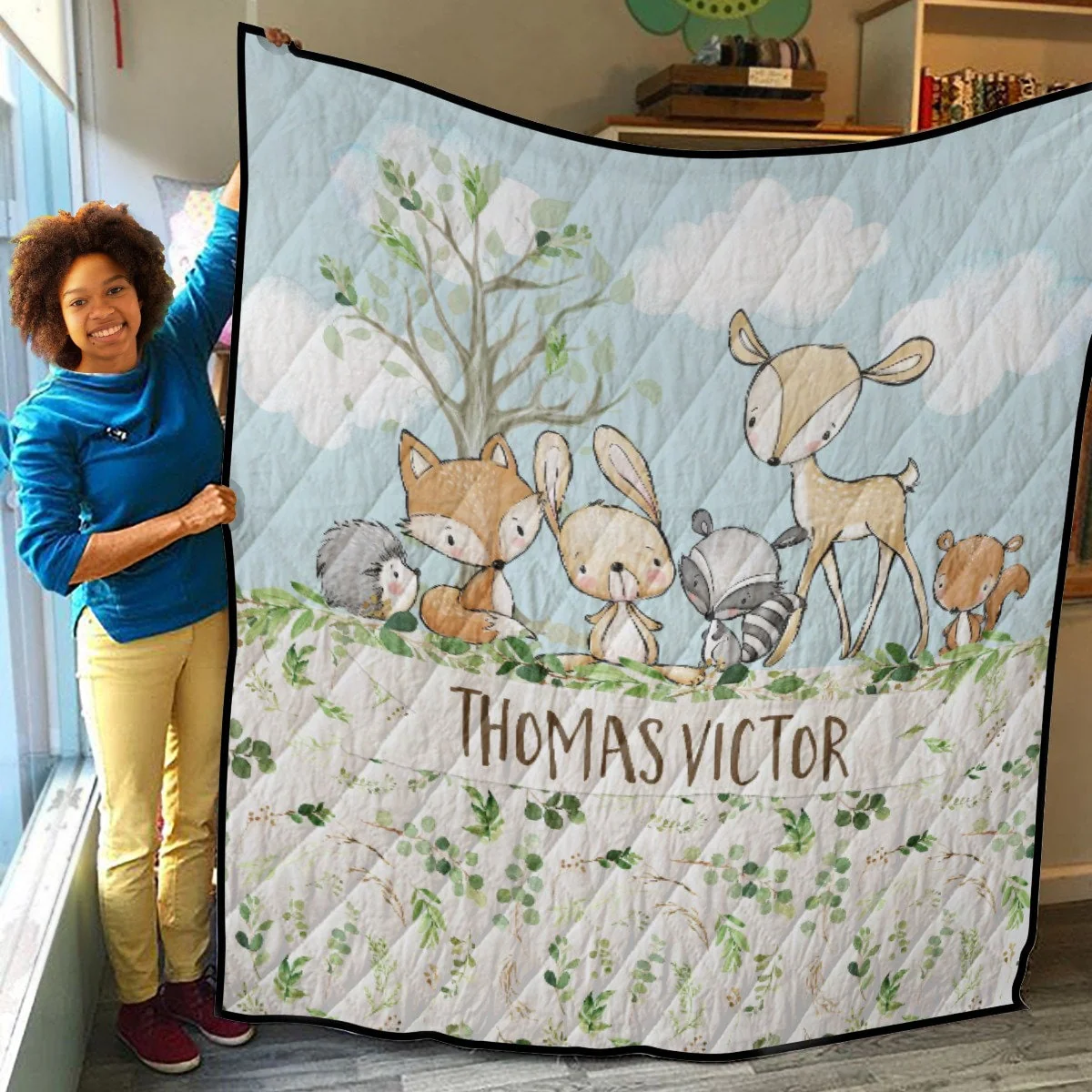 Greenery with Deer and Friends Personalized Quilted Bedspread Set - Image 3