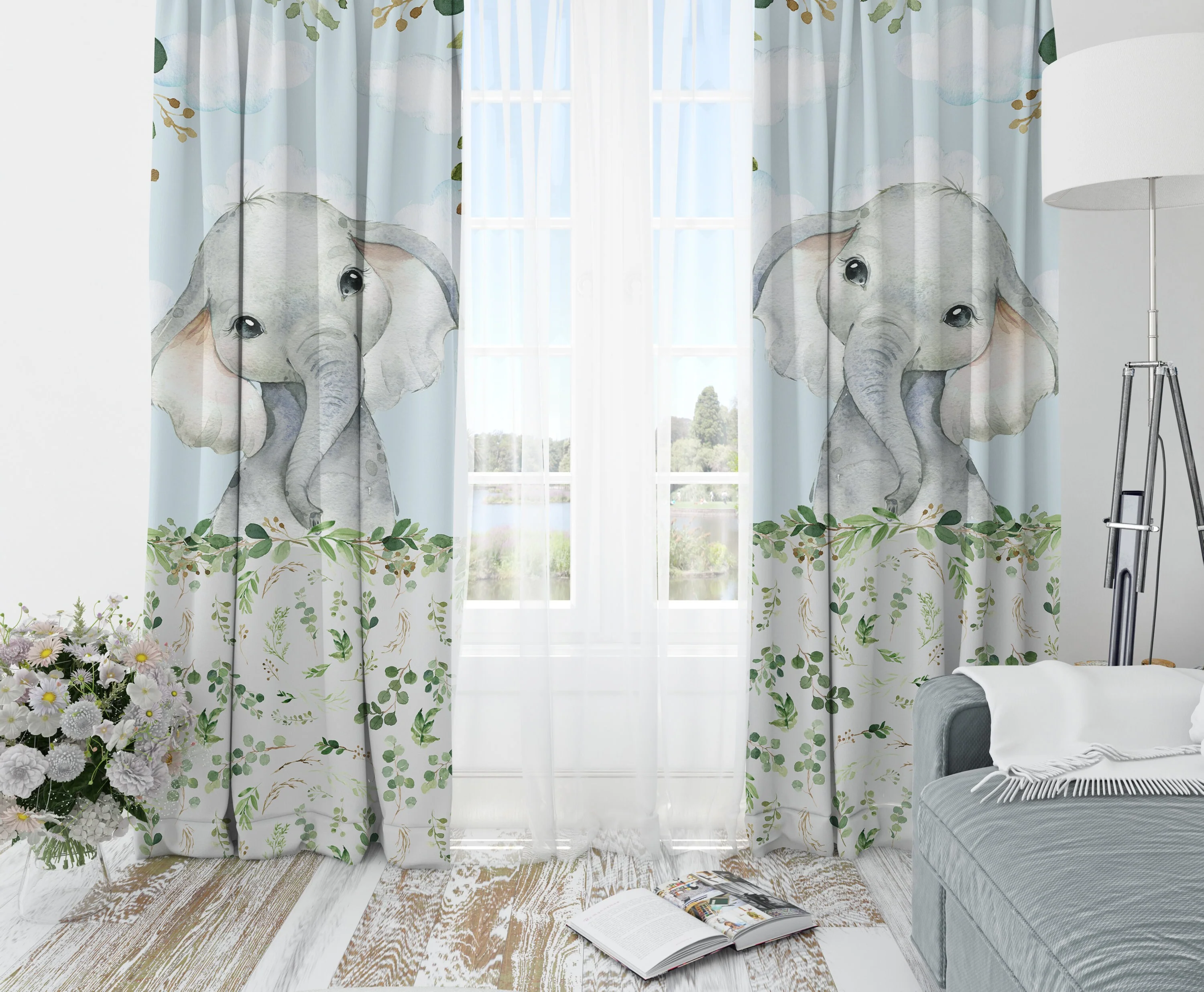 Greenery with Elephants Blackout Curtains - Image 2