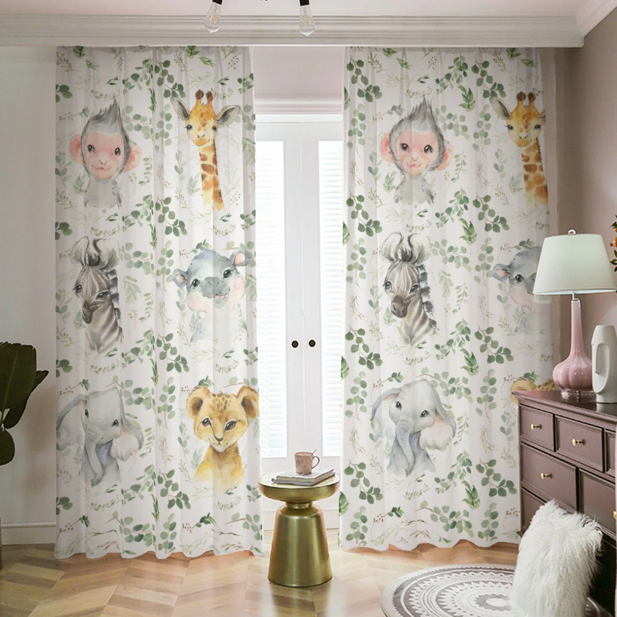 Greenery with Safari Animals Blackout Curtains