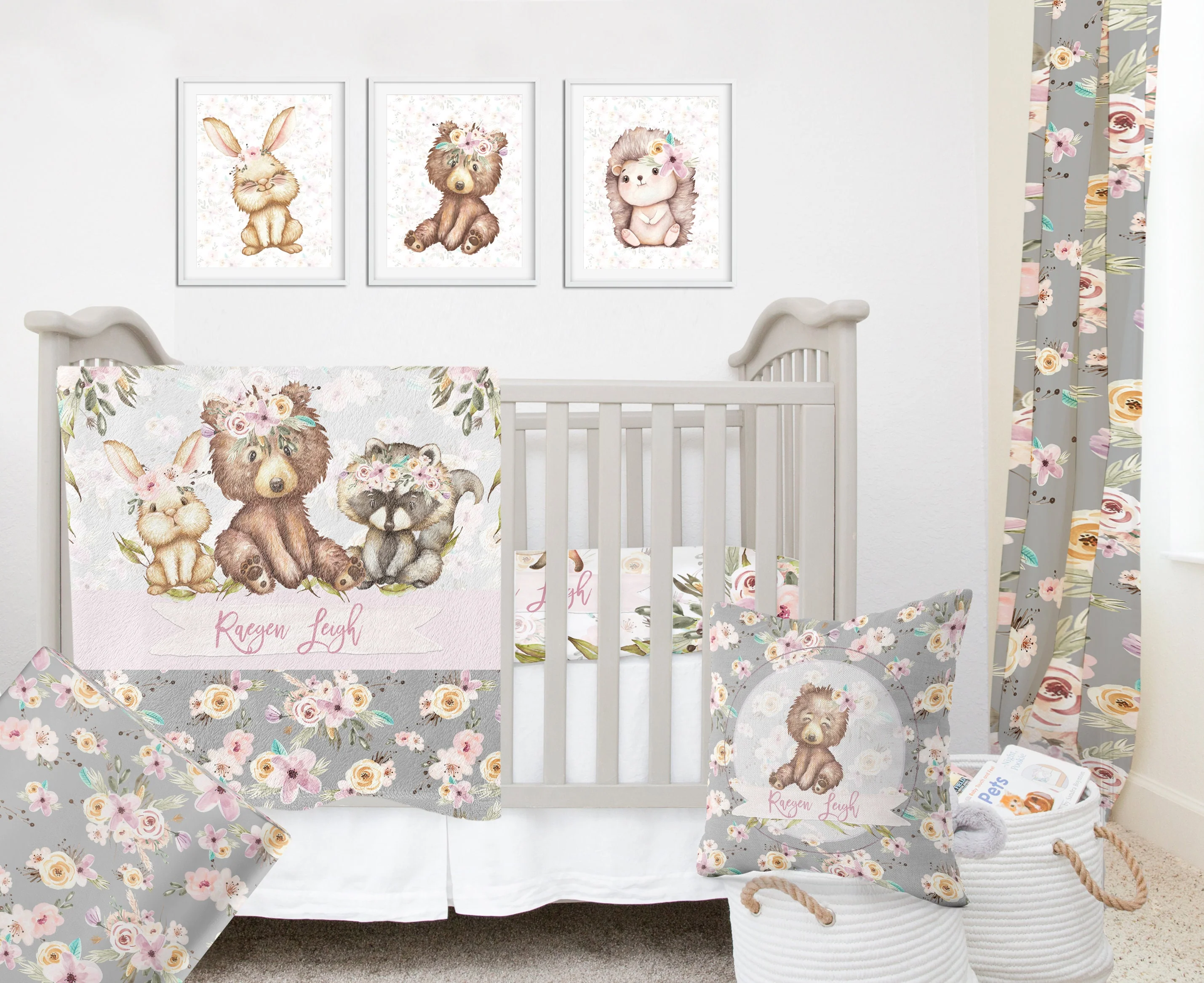 Grey Flowers with Bear Personalized Blanket for Girl - Image 2