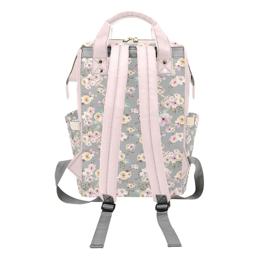 Grey Flowers with Bear Personalized Diaper Bag - Image 4