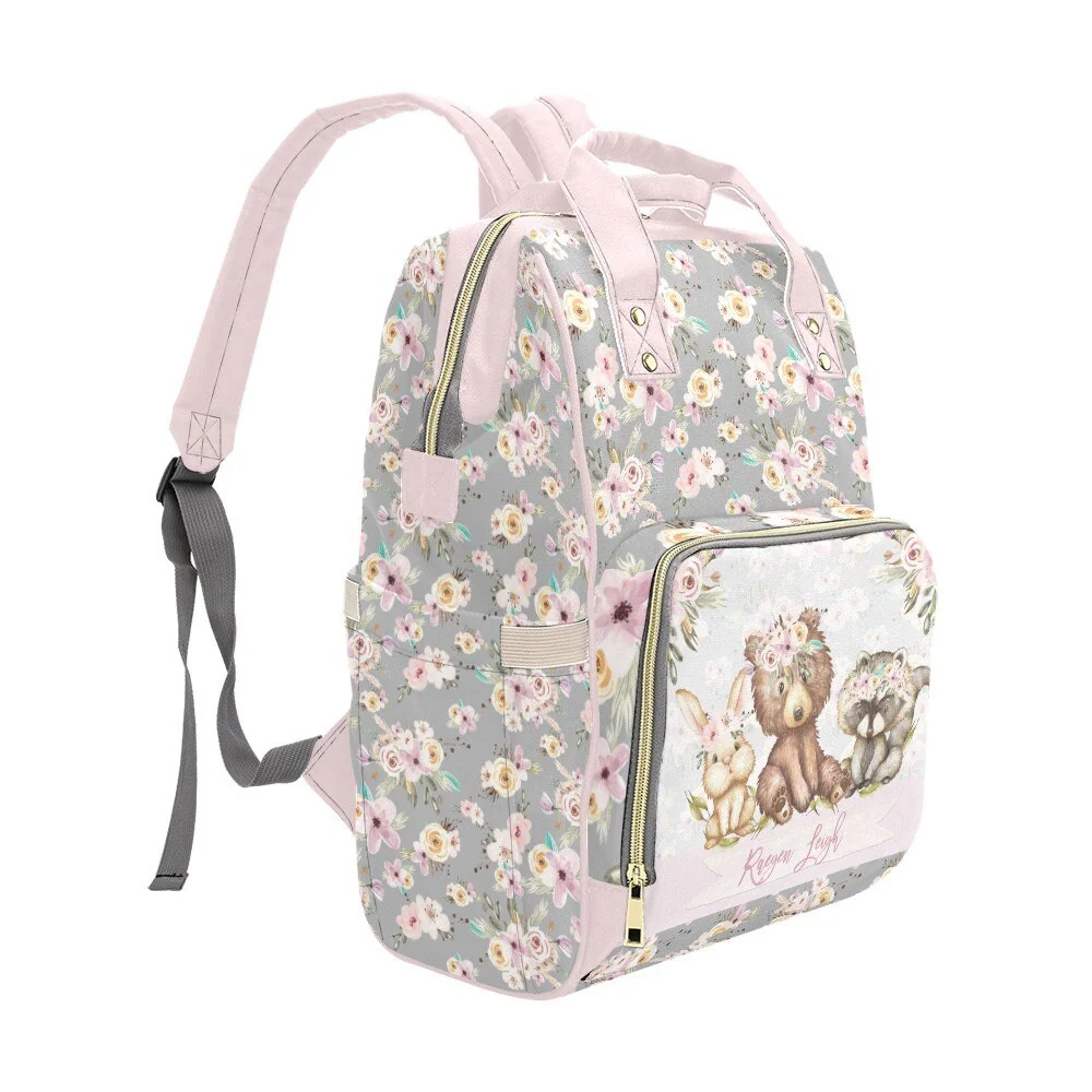 Grey Flowers with Bear Personalized Diaper Bag - Image 5