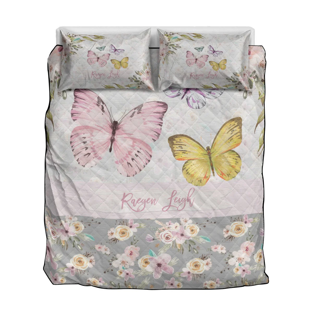 Grey Flowers with Butterflies Personalized Quilted Bedspread Set - Image 2