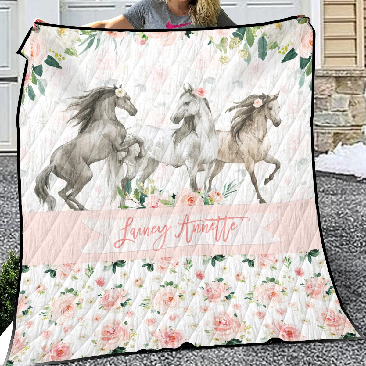 Horses Blush Florals Personalized Quilted Bedspread - Image 3