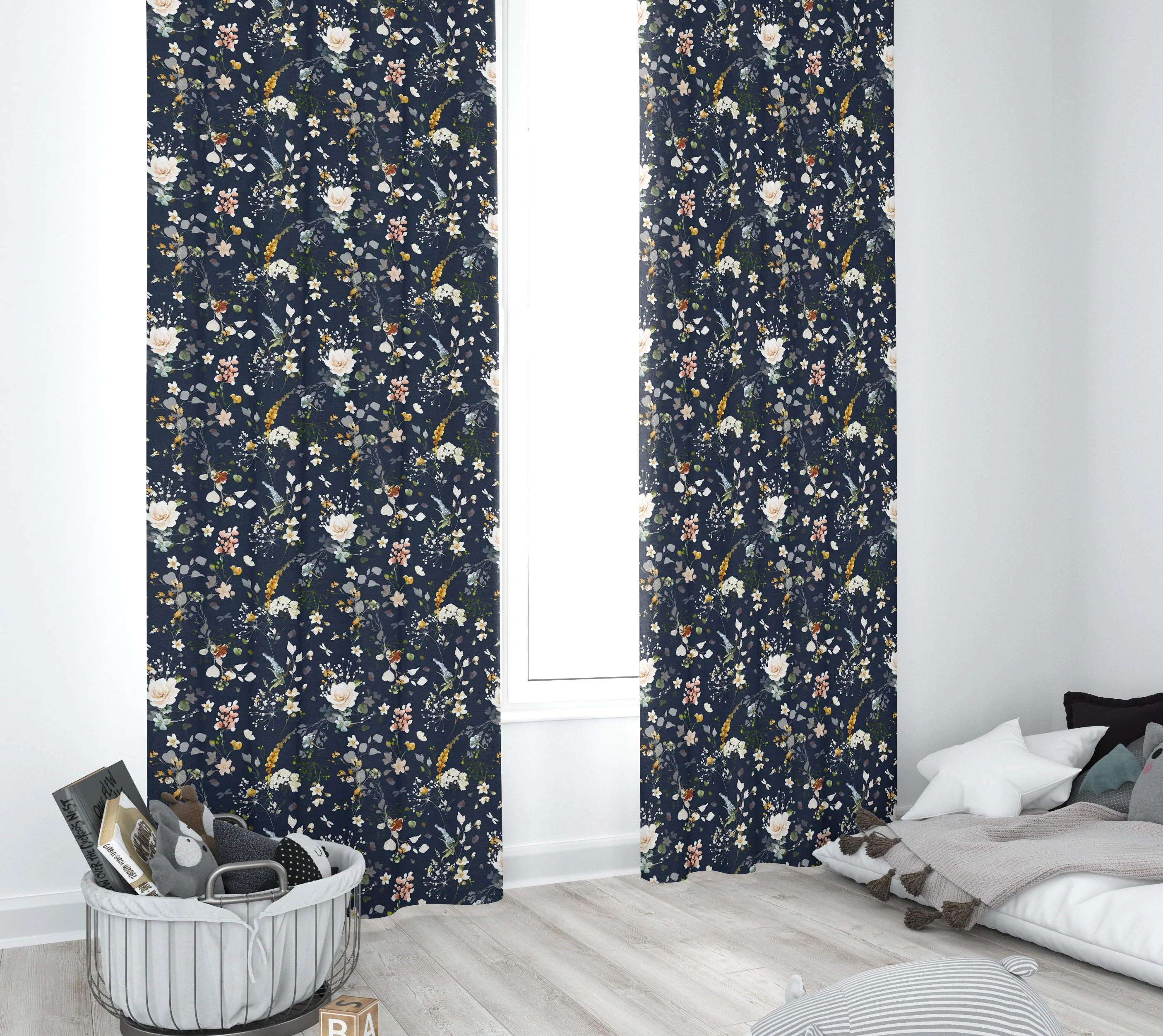 Navy Blue with White Flowers Blackout Curtains - Image 2