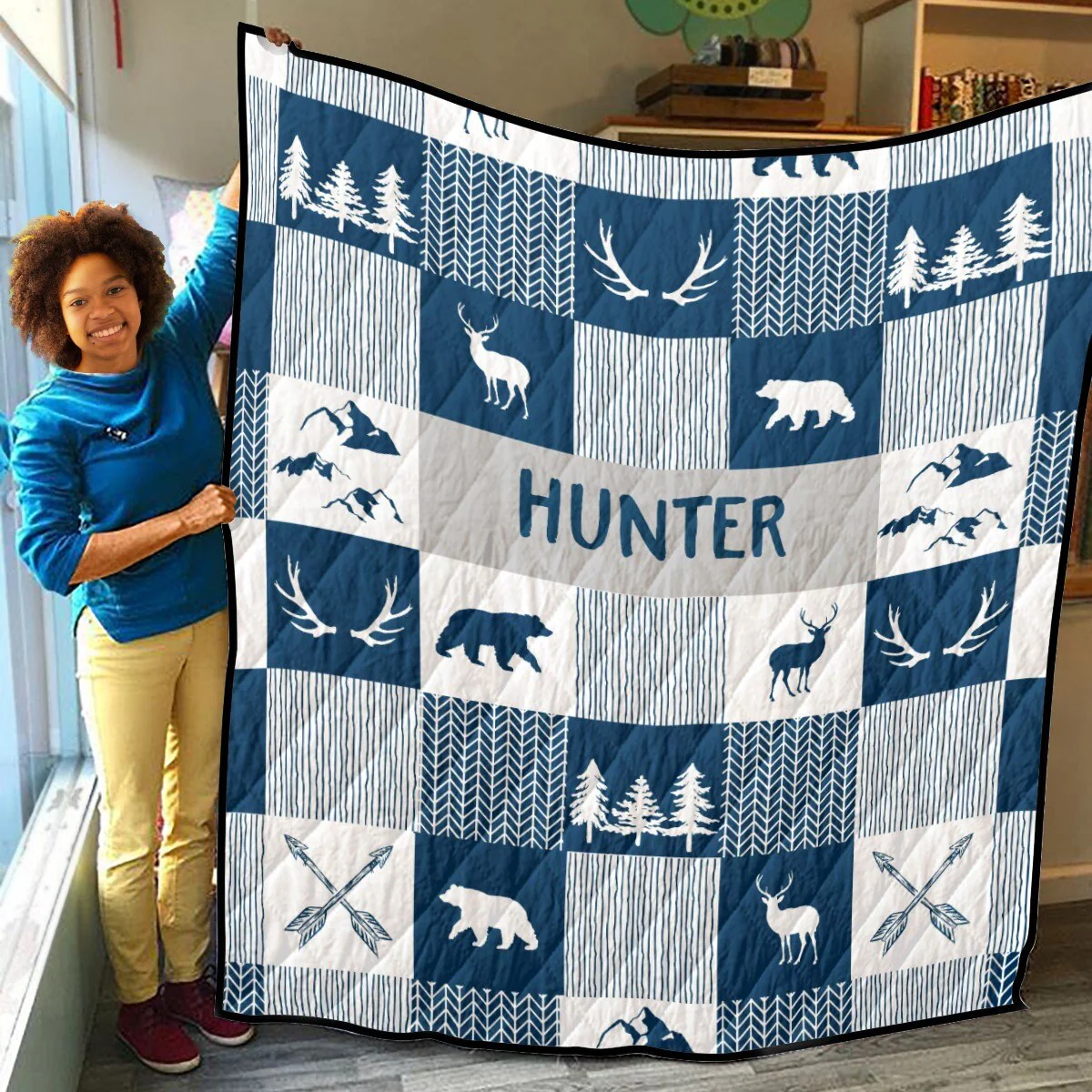 Navy Blue Woodland Personalized Quilted Bedspread Set - Image 4