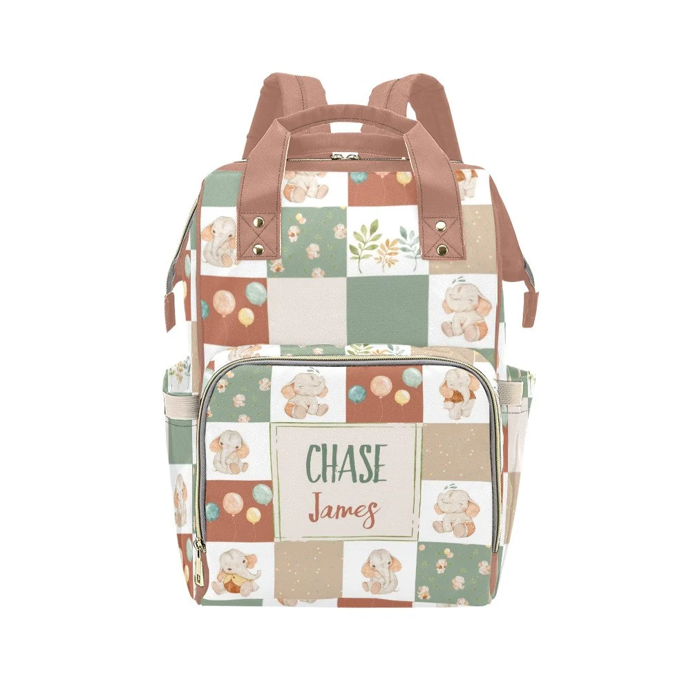 Neutral Elephants Personalized Diaper Bag