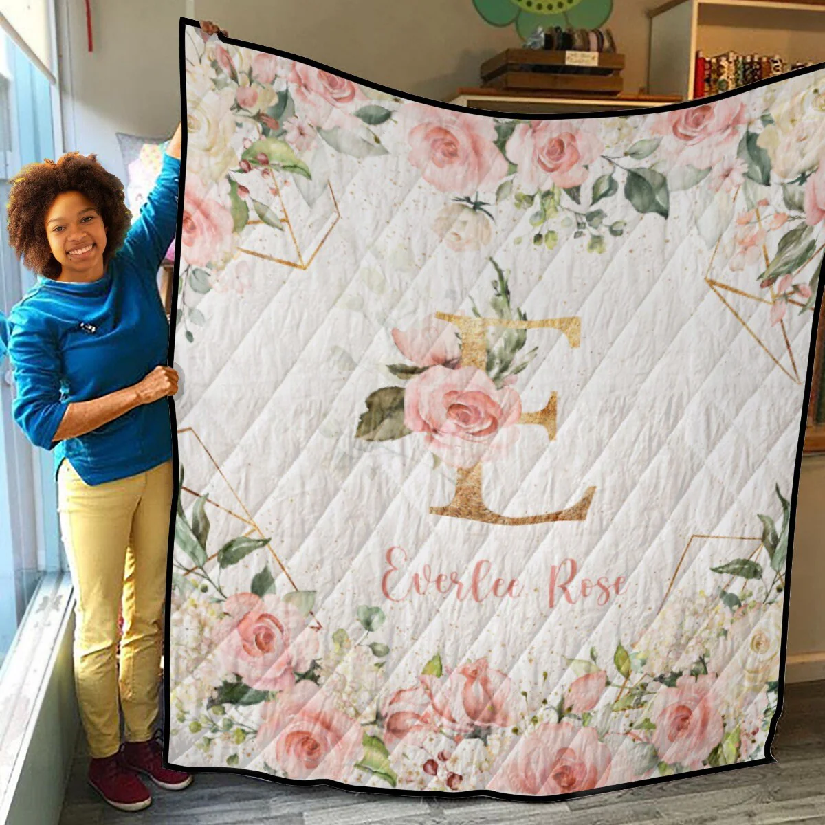 Roses Garden with Geometrics Personalized Quilted Bedspread Set - Image 3