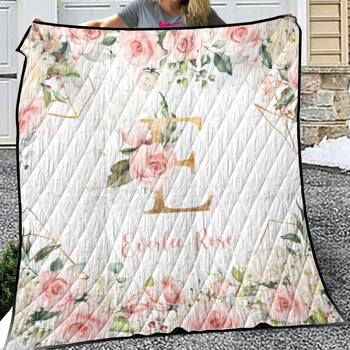 Roses Garden with Geometrics Personalized Quilted Bedspread Set - Image 4