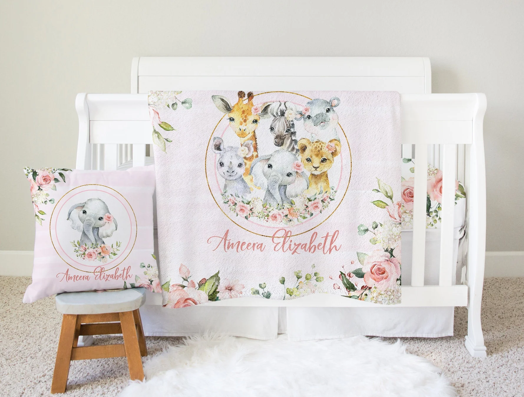 Roses Garden with Safari Animals Personalized Blanket for Girl - Image 4