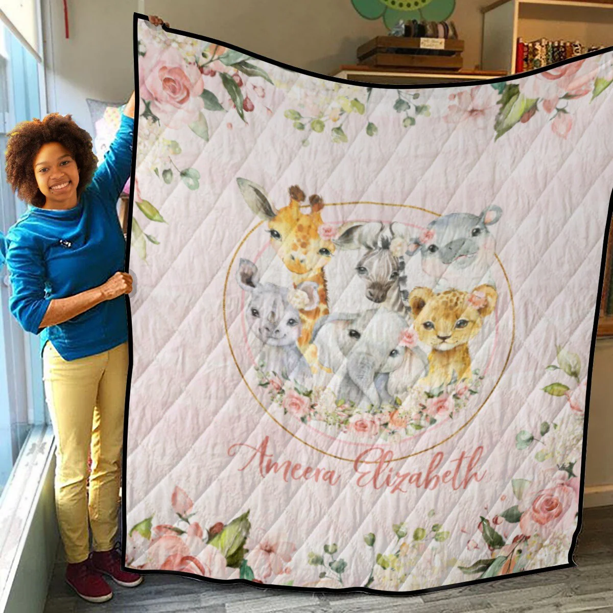 Roses Garden with Safari Animals Personalized Quilted Bedspread Set - Image 3