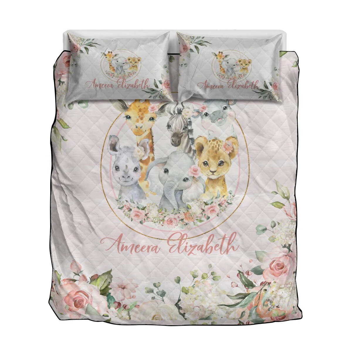 Roses Garden with Safari Animals Personalized Quilted Bedspread Set - Image 4
