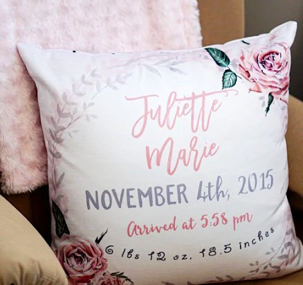Vintage Roses Birth Stats Pillow for Girl - Image 3